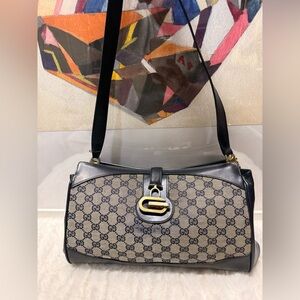 GUCCI-Navy Monogram Canvas Shoulder Bag with Black Leather Trim
